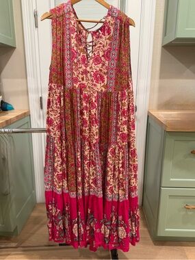 Free People Floral Tiered Maxi Skirt in Pink, Cream and Teal